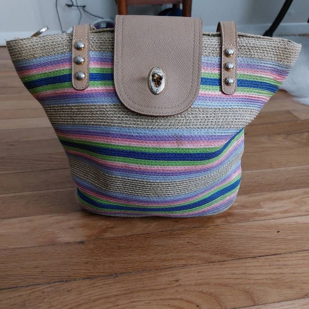 Eric Javits Multicolor Striped Straw and Leather Purse